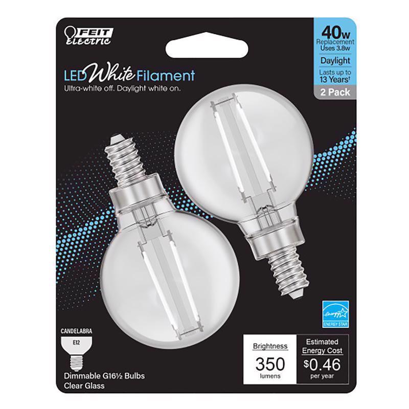 Feit Electric G16.5 E12 (Candelabra) Filament LED Bulb Daylight 40 Watt Equivalence 2 pk