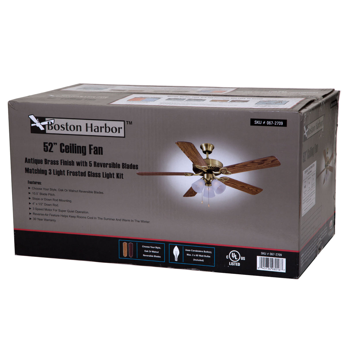 Boston Harbor CF-78042 Three Light Ceiling Fan, 52", Antique Brass