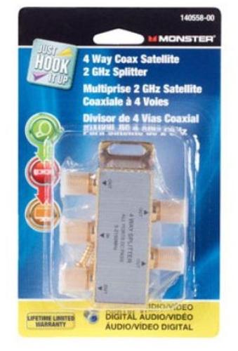 Monster 140558-00 4 Way Satellite Splitter, 2 Ghz, 5-2150 Mhz, Gold