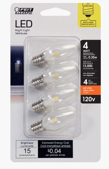 Feit Electric BP4C7/827/LED/4 Dimmable C7 LED Bulb, Warm White, 0.5 W