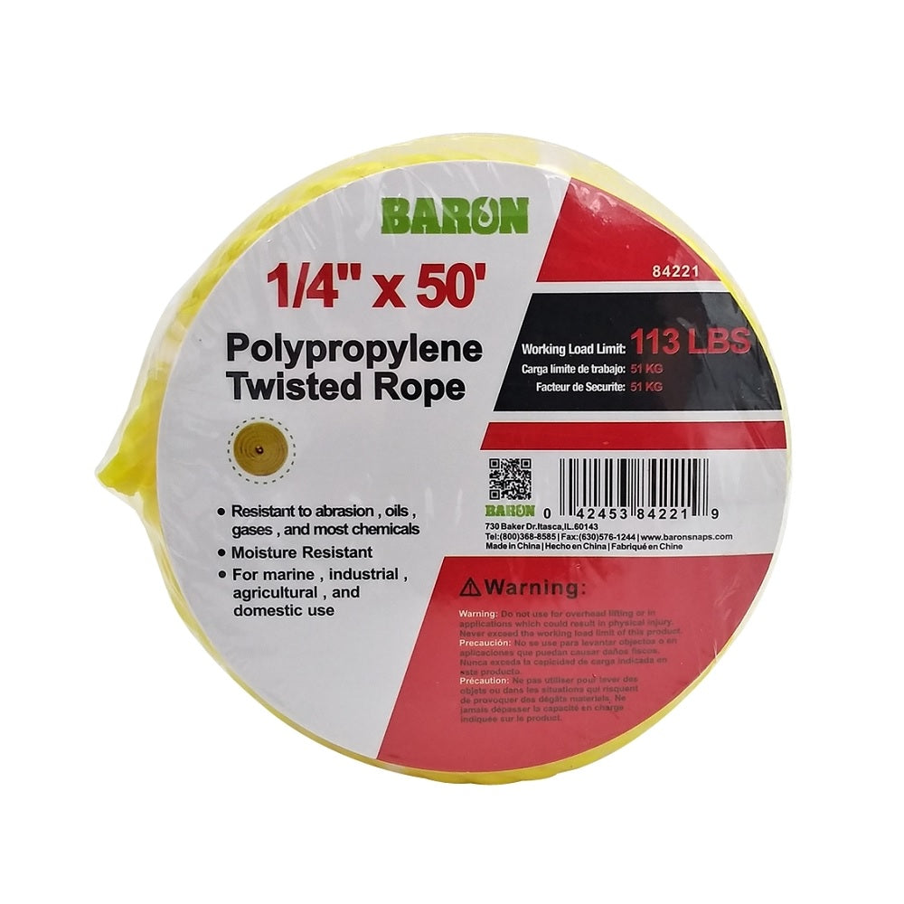 Baron 10812 Twisted Rope, 1/4 Inch x 50 Feet, Yellow