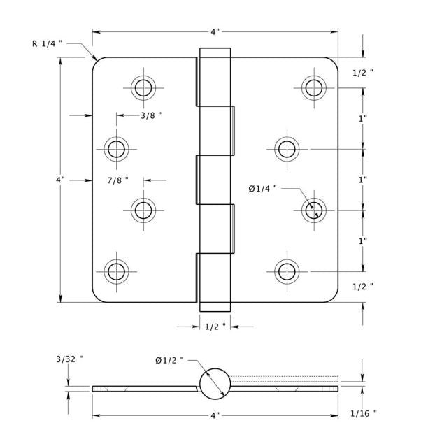 Deltana DSB4R426-RZ Full Mortise Radius Hinge, Bright Chrome