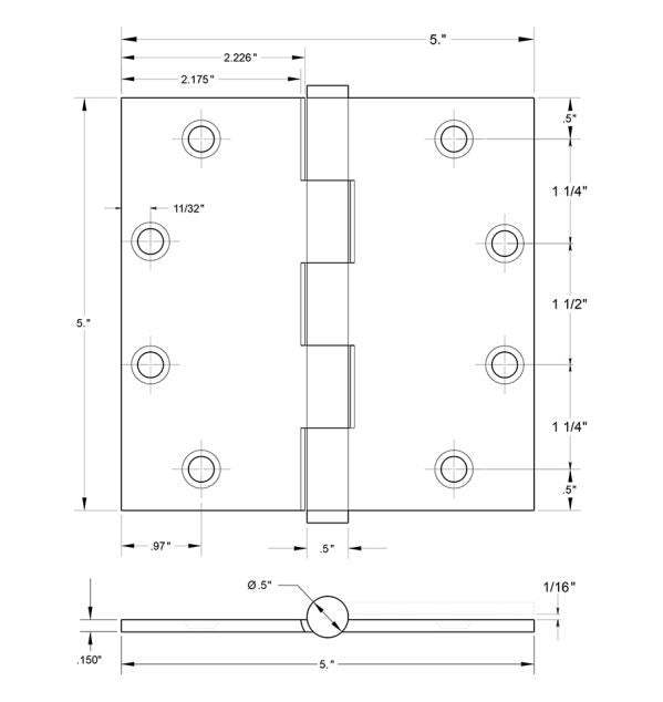 Deltana DSB5515 Square Hinge, Satin Nickel