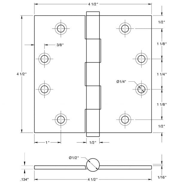 Deltana DSB453-UNL Square Hinge, Unlacquered Bright Brass