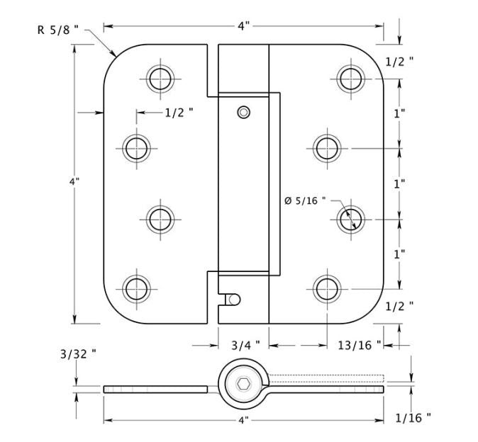 Deltana DSH4R515T Radius Corner Hinge, TT, Satin Nickel, 4" x 4"