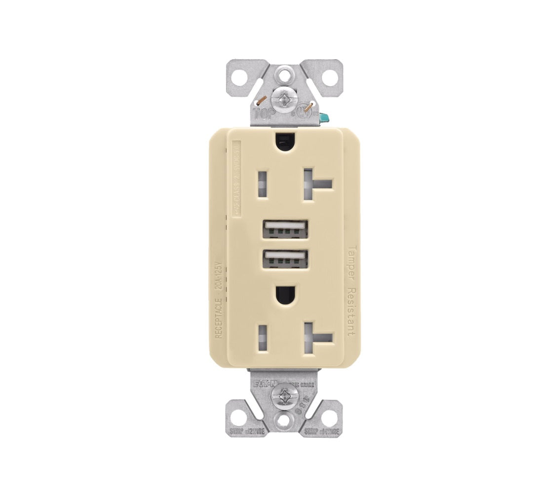 Eaton TRUSB5A20V-K-L Duplex Receptacle, Ivory, 2-Pole, 12 AWG