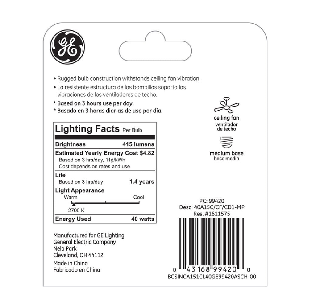 GE 99420  A15 Incandescent A-Line Bulb, Soft White, 415 Lumens