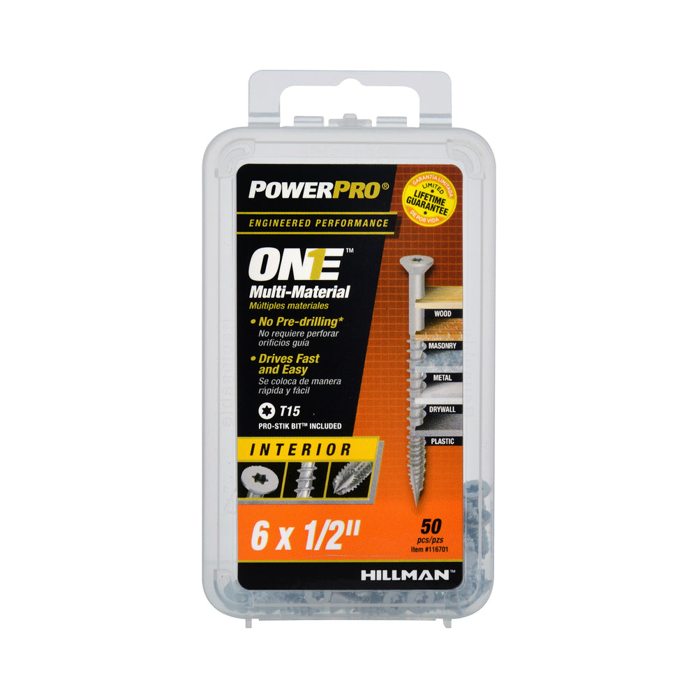 Hillman Fasteners 116701 Power Pro One Multi-Material Screw, #6X1/2", Pack of 50