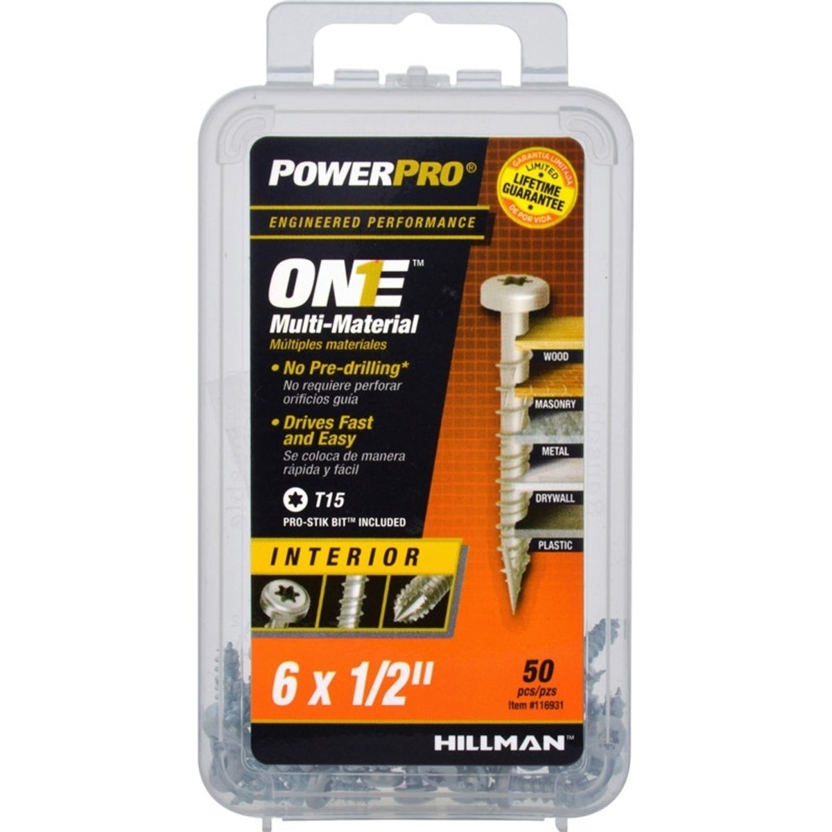 Hillman 116931 Power Pro One Multi-Material Screw, Zinc-Plated, #6 X 1/2"