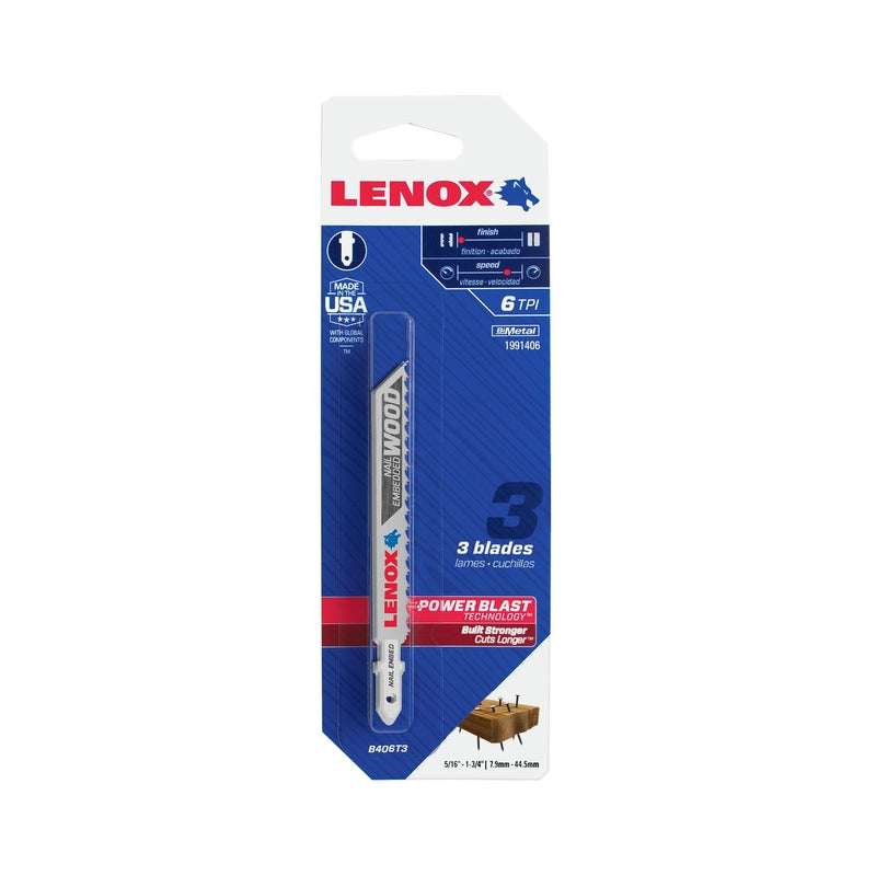 Lenox 1991406 Bi-Metal T-Shank Nail-Embedded Wood Jig Saw Blade, 6 TPI