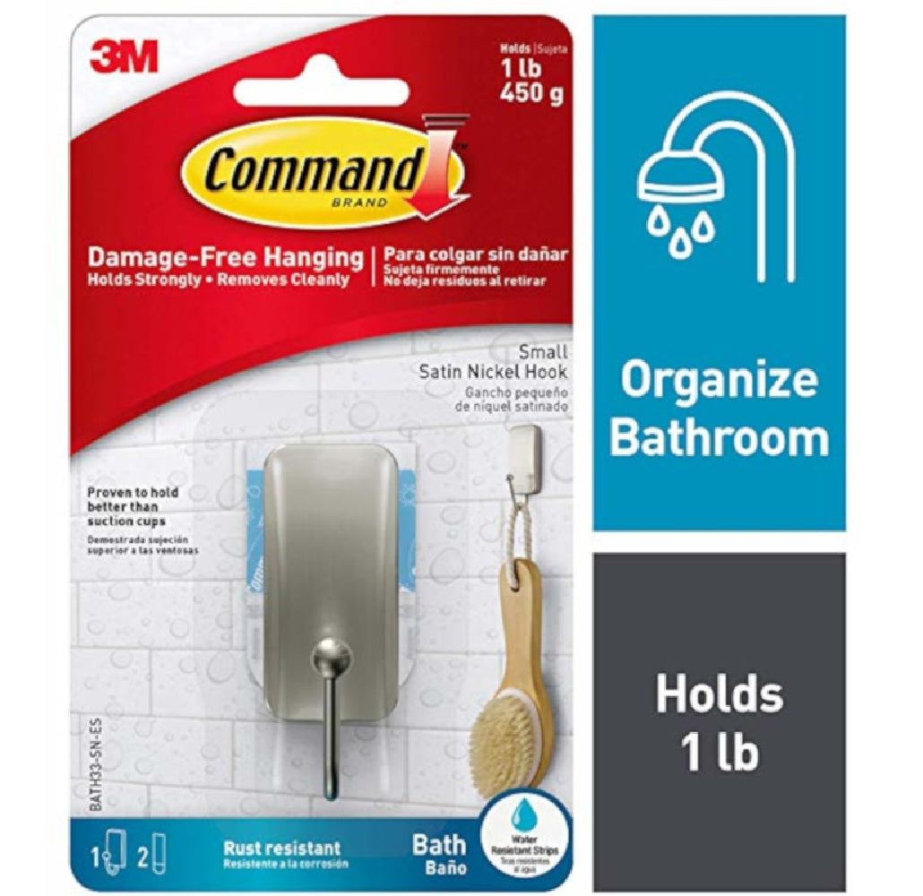3M BATH33-SN-ES Command Adhesive Hook, Satin Nickel, Metal, Silver
