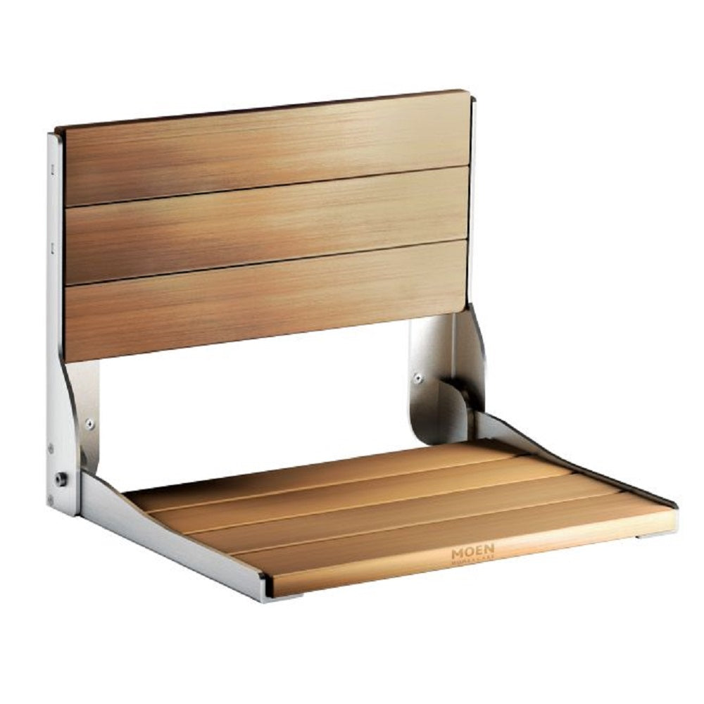 Moen DN7110 Fold Down Teak Shower Seat, Satin Stainless Steel