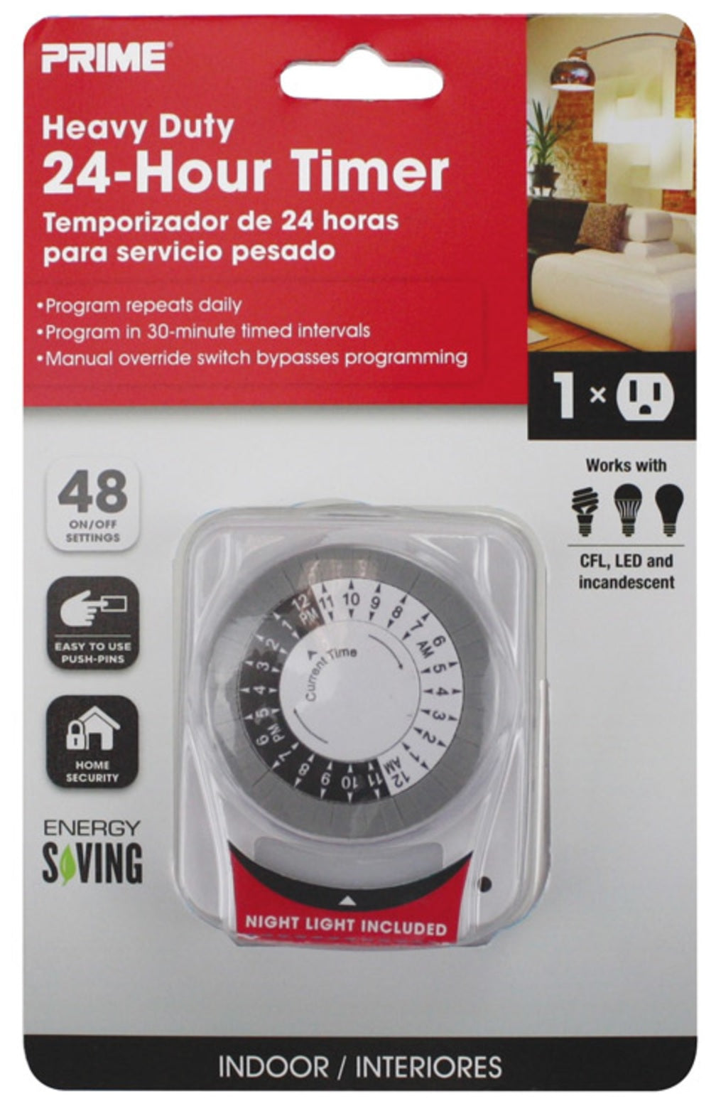 Prime Wire & Cable TNINL2412-RC 24 Hour Mechanical Timer With Nightlight, White