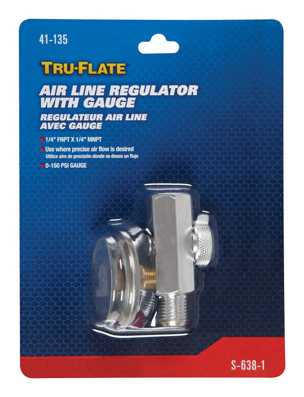 Tru-Flate 41135 Air Line Regulator with Gauge, Steel, 1/4 inch