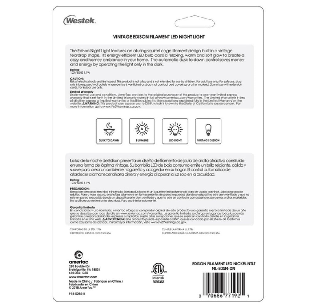 Westek NL-EDSN-DN Amertac Automatic Plug-in LED Night Light, Silver
