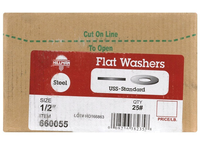 Hillman 660055 Uss Flat Washer, Zinc Plated Steel, 1/2'', Grade 2