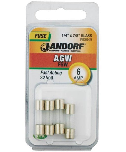 Jandorf 60649 AGW Fast Acting Glass Tube Fuse, 6 Amp, 1/4" x 7/8"