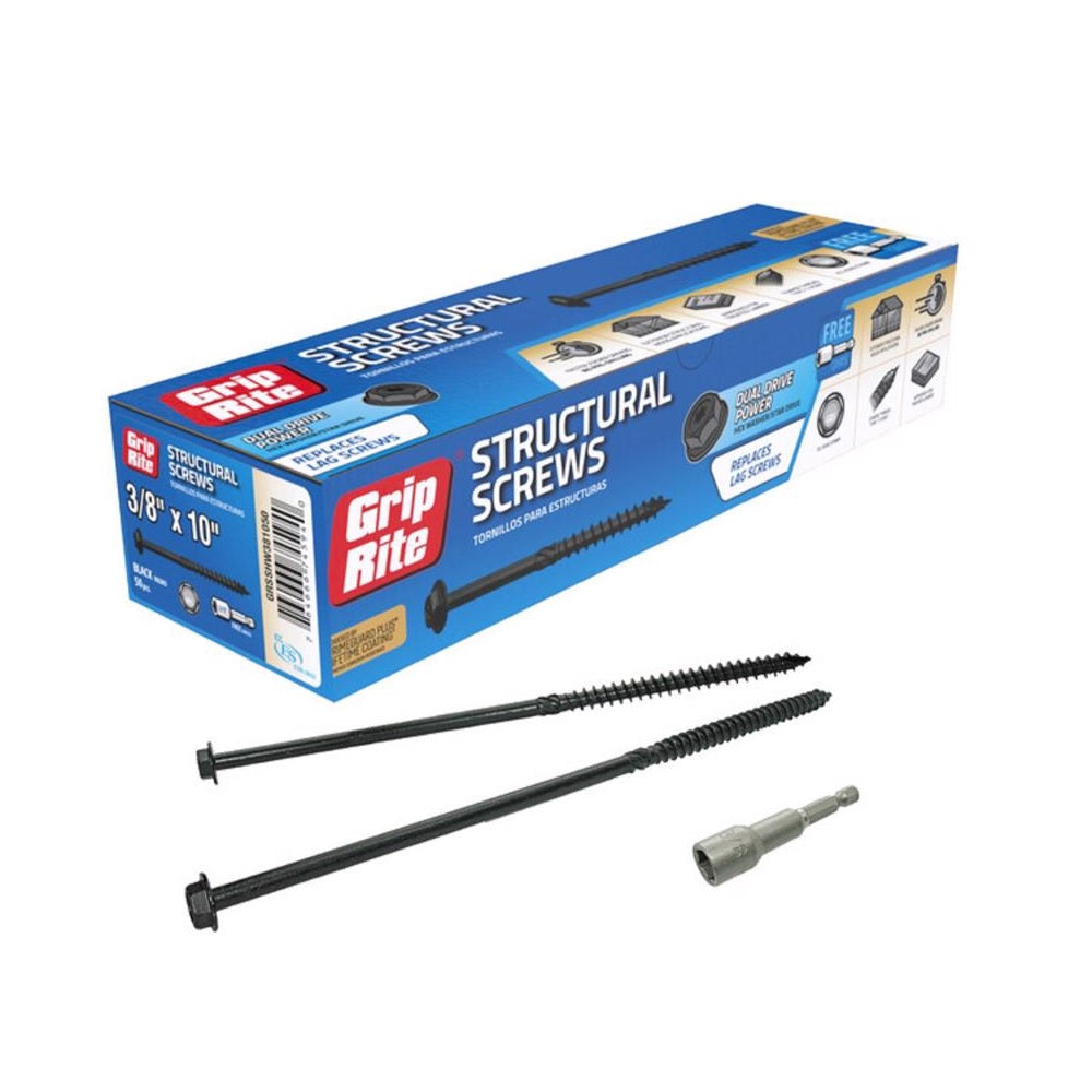 Grip-Rite GRSSHW381050 Hex Washer Head Structural Screws, 10 Inch