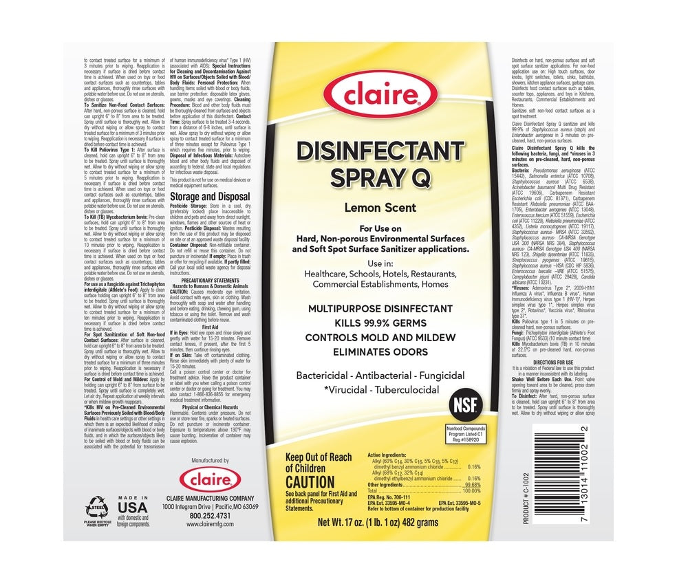 Claire 713014110022 Antibacterial Disinfectant, 17 oz.