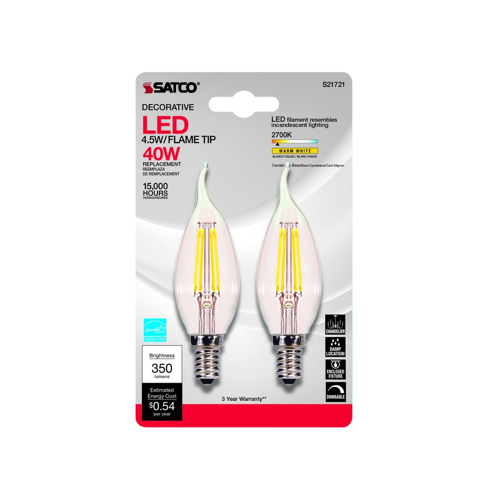 Satco S21721 Warm White LED Bulb, Clear, 40 Watt, 2 pk