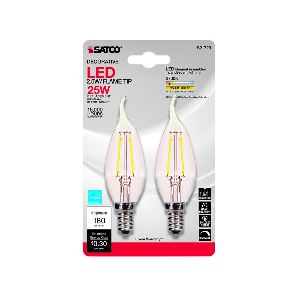 Satco S21720 Warm White LED Bulb, Clear, 25 Watt, 2 pk