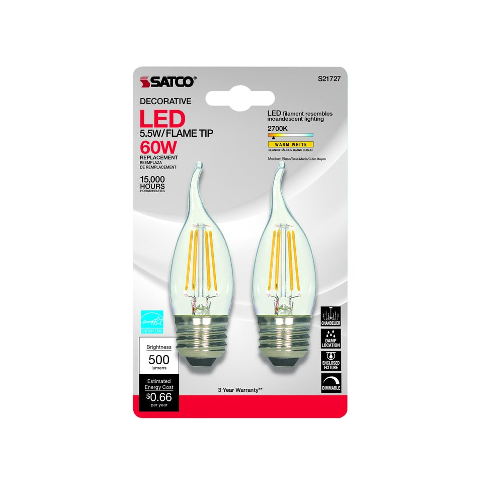 Satco S21727 E26 (Medium) Warm White LED Bulb, 60 Watt, 2 pk