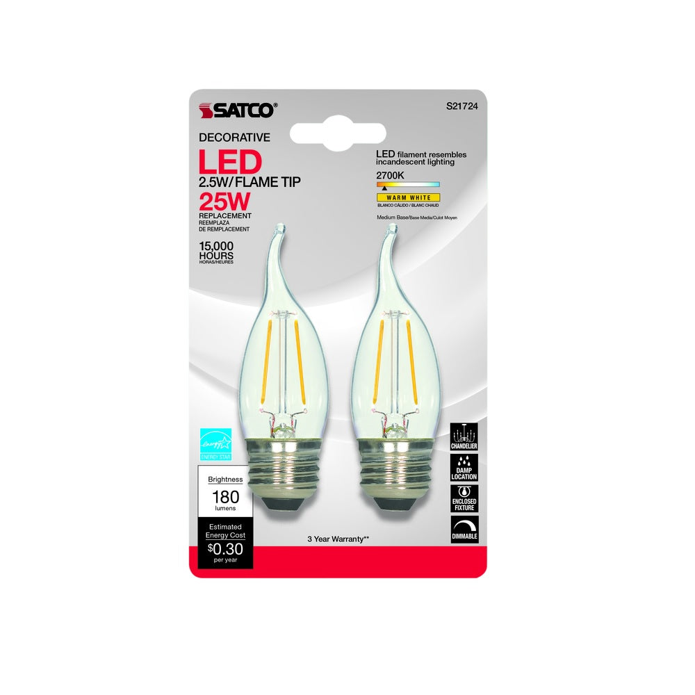 Satco S21724 E26 (Medium) Warm White LED Bulb, 25 Watt, 2 pk