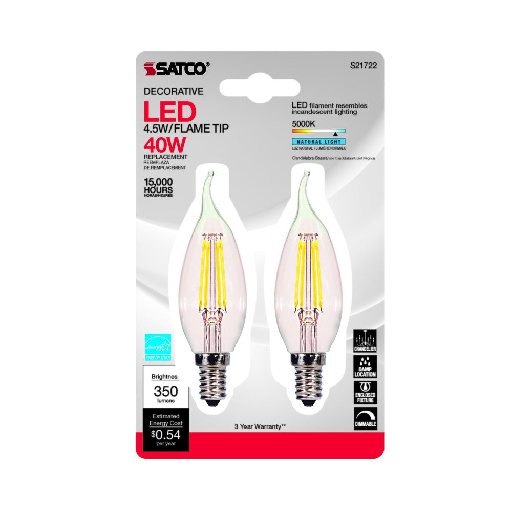 Satco S21722 E12 (Candelabra) Natural Light LED Bulb, 40 Watt, 2 pk