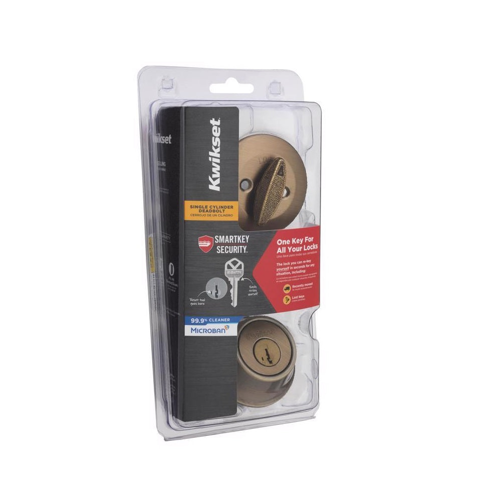 Kwikset 96600-749 SmartKey Security Single Cylinder Deadbolt, Antique Brass