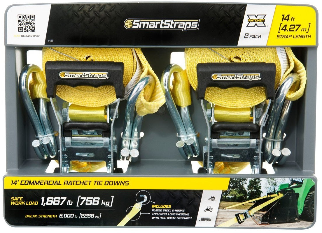 SmartStraps 159 Ratchet Strap, Yelow, 14' L, 5000lb, 2/Pk